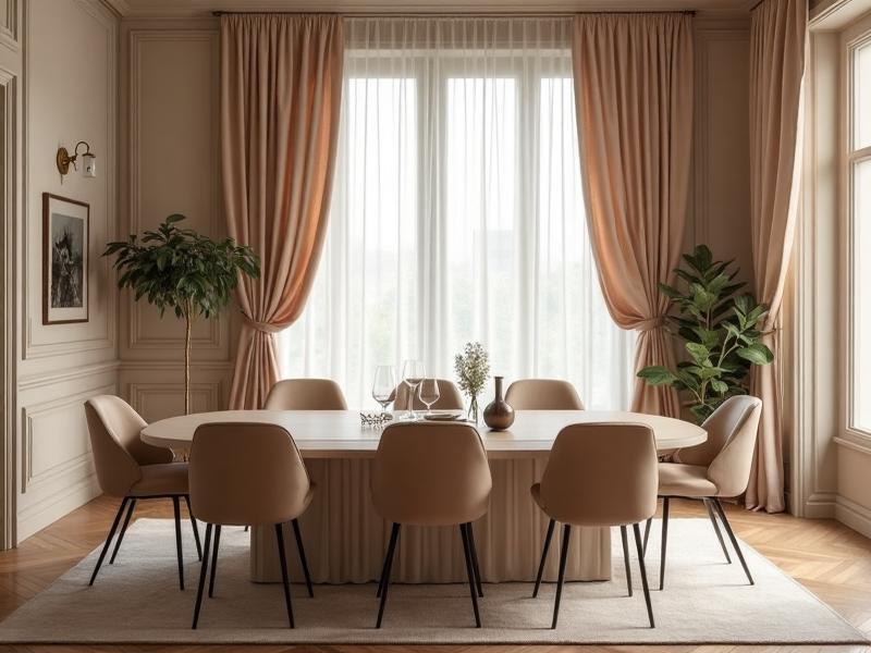 Sala de jantar com cortinas de tecido premium